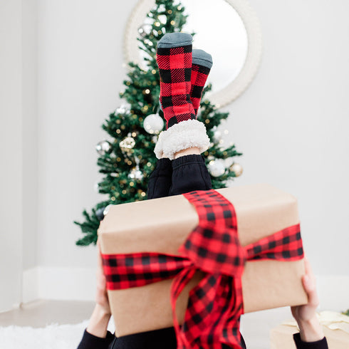 Dr. Johnny's Fuzzy Socks: BUFFALO CHECK RED